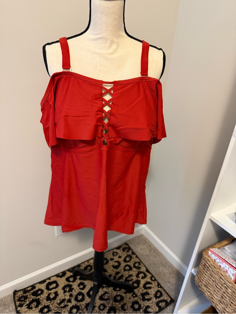 Red Off-Shoulder Ruffle & Lattice Swim Top